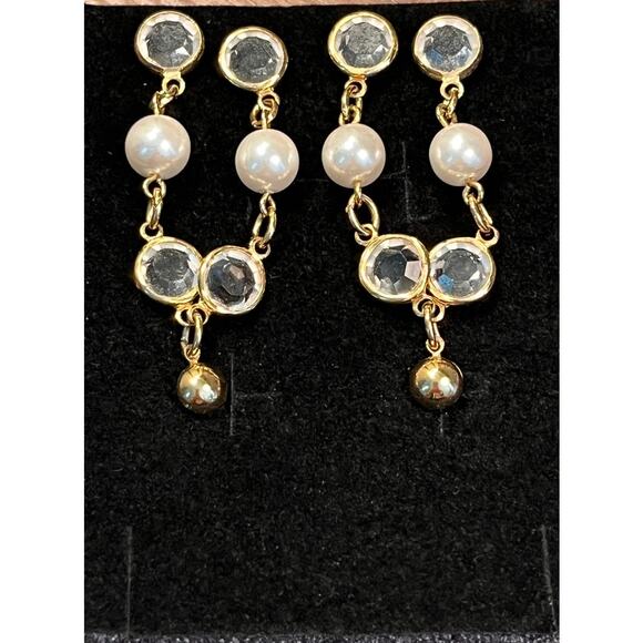 Y2K Faux Pearl Rhinestone Dangle Earrings Gold Tone Coquette Glam Vintage - Picture 4 of 6